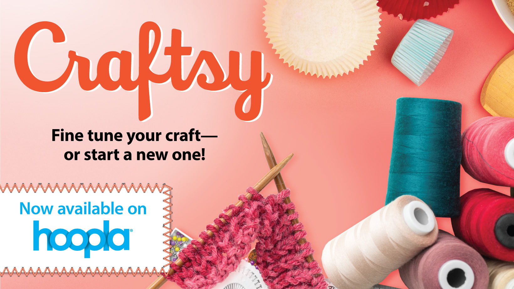 A pink background with yarn, ribbon, and other crafting materials with the title "Craftsy"