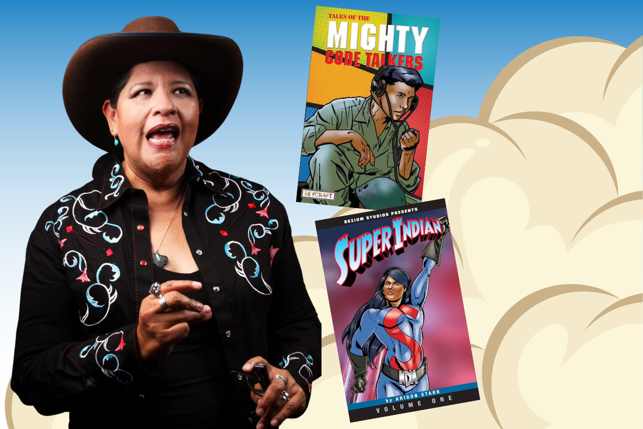Author Arigon Starr in front of clouds next to her two books.