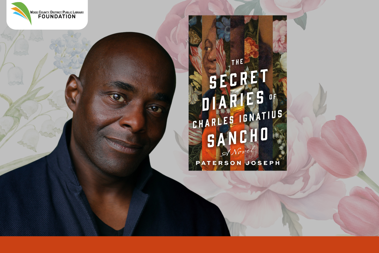 Author and actor Paterson Joseph on a floral background next to his book.