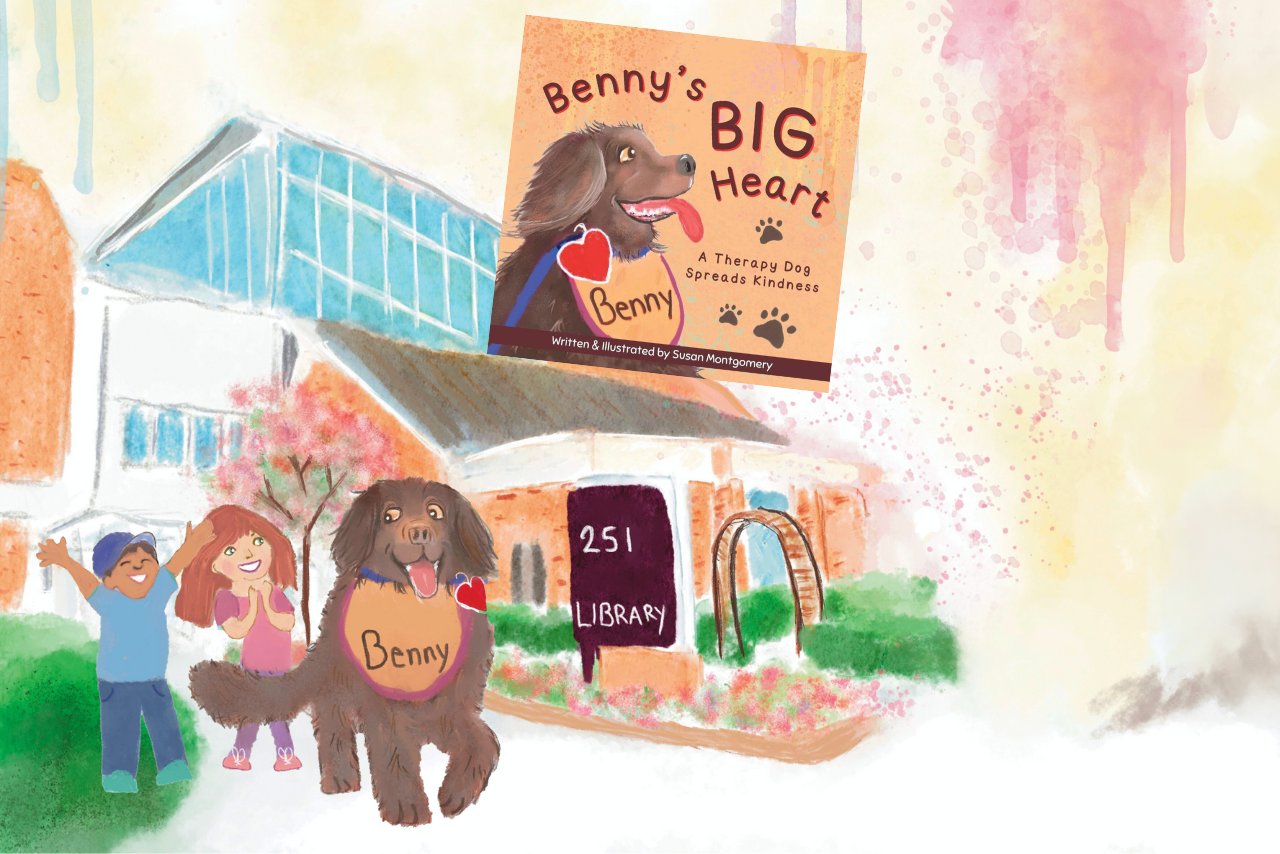 A watercolor painting of the library, with a big, brown dog smiling at children next to him.