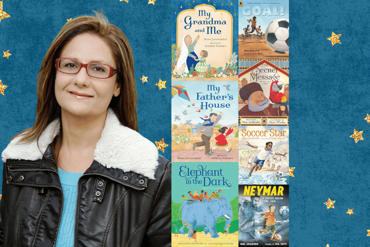 Author Mina Javaherbin next to covers of her books.