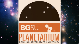 A background of a swirling galaxy with the domed BGSU Planetarium logo at the front.