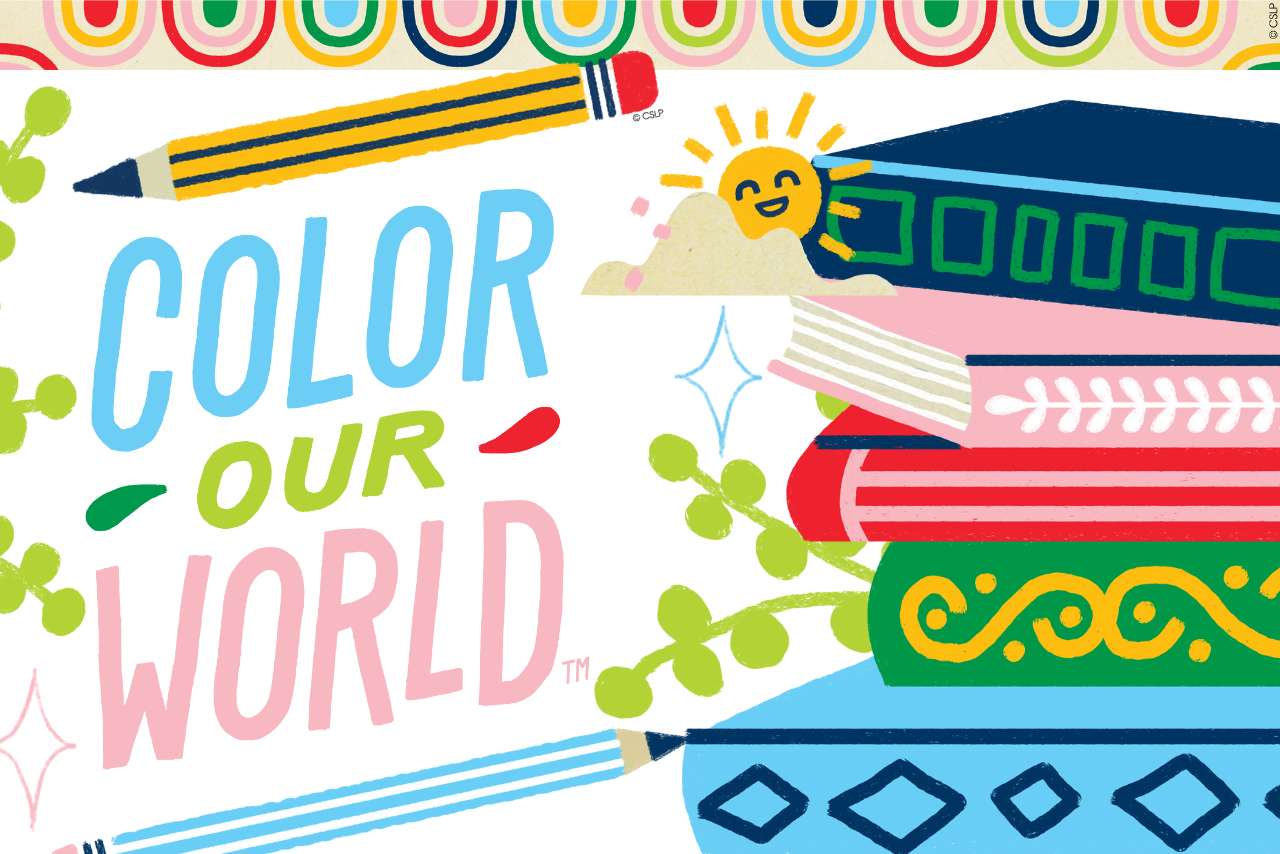 A colorful stack of books next to the logo of Color Our World.