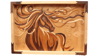 A wooden marquetry art piece of a horse.