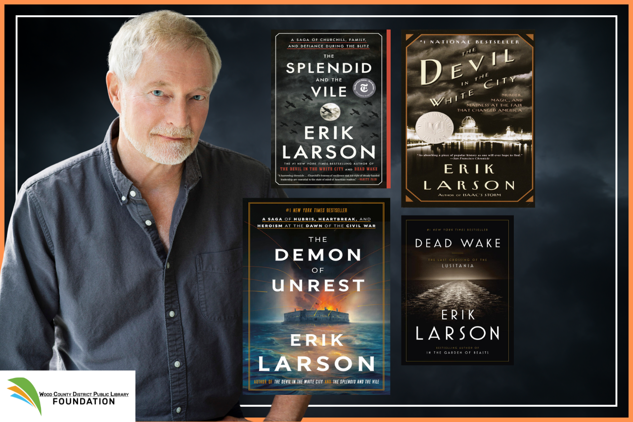 A dark background with a headshot of Erik Larson next to his books.