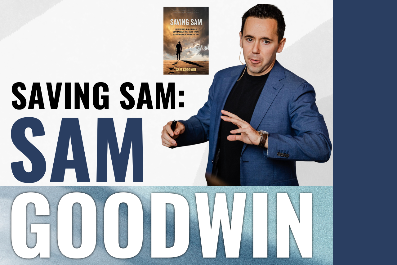 A blue background with a photo of Sam Goodwin.