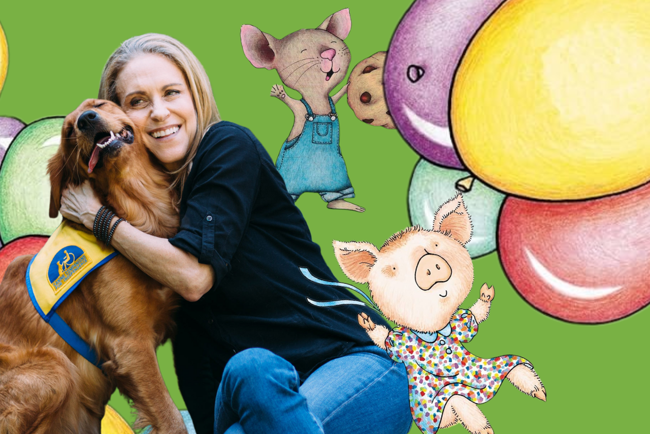 A green background with a blonde-haired Laura smiling with her golden retriever, surrounded by mouse and pig illustrations.