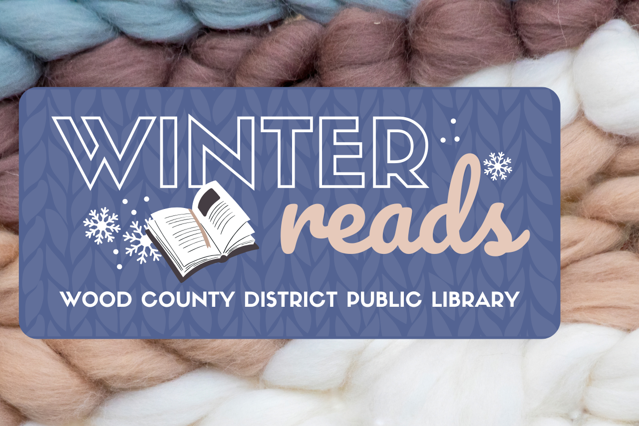 A knitted background with the blue Winter Reads logo.