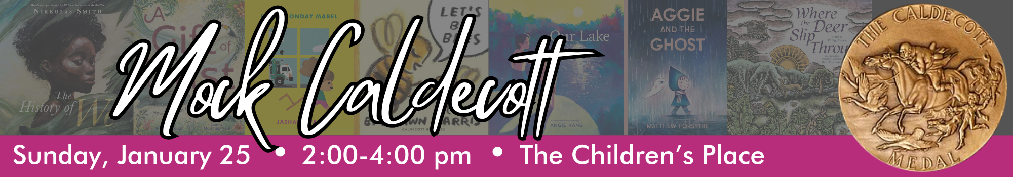 A variety of children's books with the Caldecott Medal beside them.