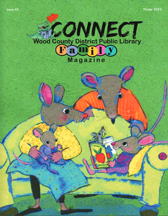 A green background with a family of illustrated mice reading.