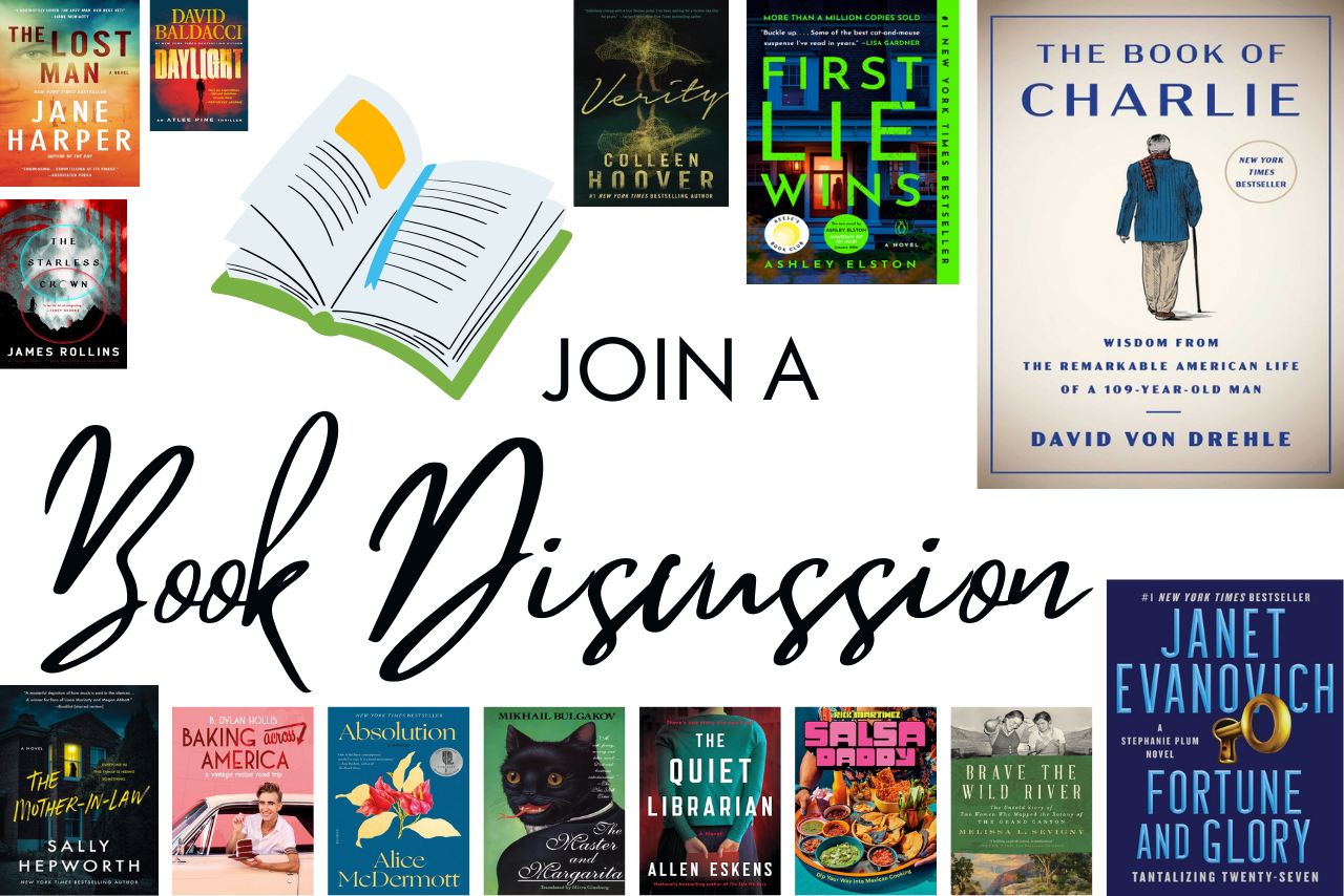 Collage of book covers with text that says Join a Book Discussion.
