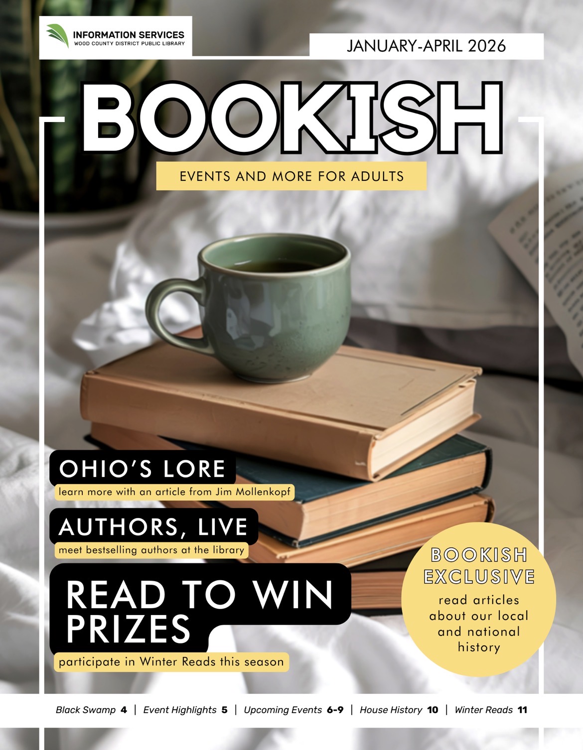 WCDPL Bookish magazine featuring green teacup on a stack of books.