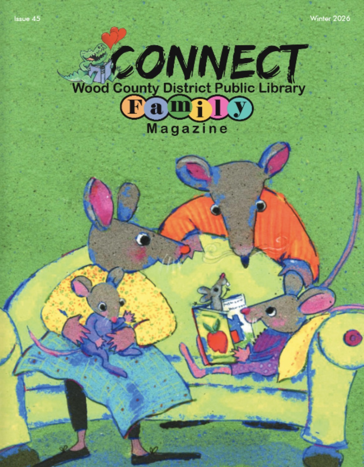 WCDPL Connect Magazine cover with a family rats reading together on a couch.