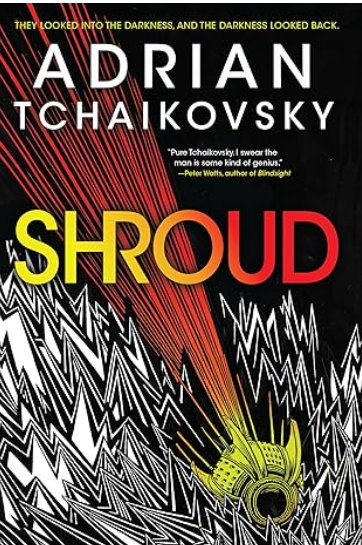 A spherical spacecraft crash lands on the cover of Shroud by Adrian Tchaikovsky.