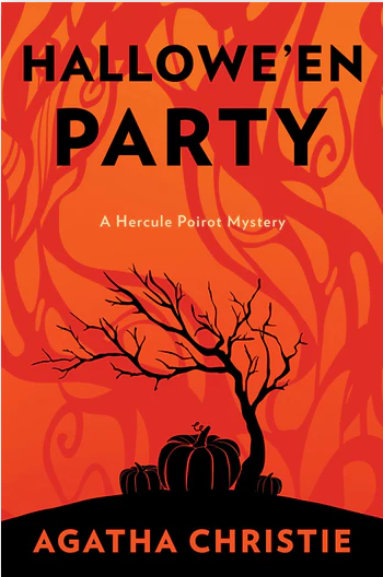 A silhouette of a bent tree on a red background adorns the cover of Hallowe'en Party by Agatha Christie.