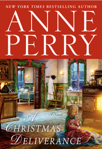 A girl is seen sitting with a kitten in front of a wood-burning stove in a Christmas bedecked scene on the cover of A Christmas Deliverance by Anne Perry.
