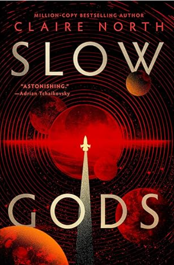 A white sillhouetted spacecraft soars through a black and red ringed field spotted plane on the cover of Slow Gods by Clair North.
