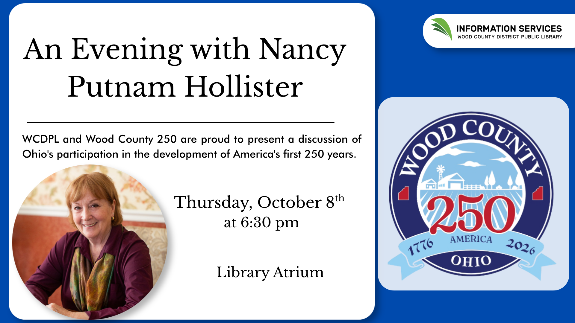 An Evening with Nancy Putnam Hollister, Thursday, October 8th, at 6:30 pm.