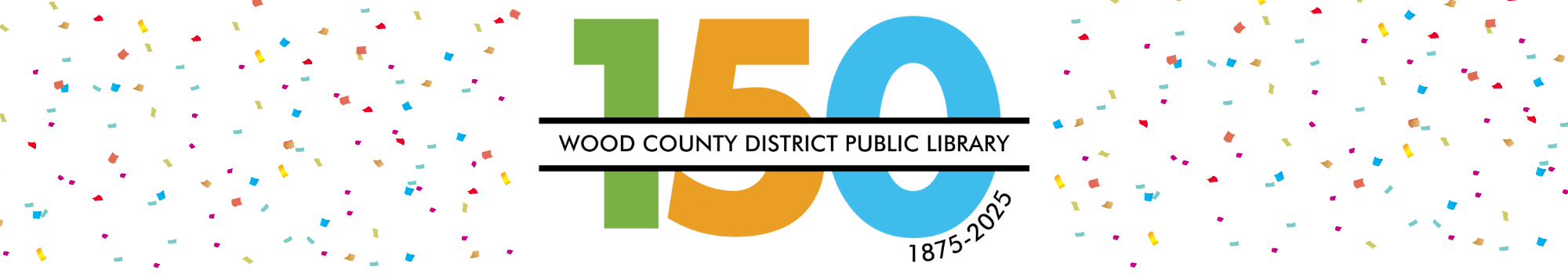 Confetti with the green, orange, and blue 150th logo.