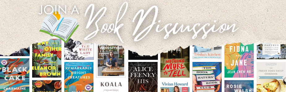 Current book discussion titles, including "Koala" b Danielle Clode and "Fix it With Food" by Michael Symon.