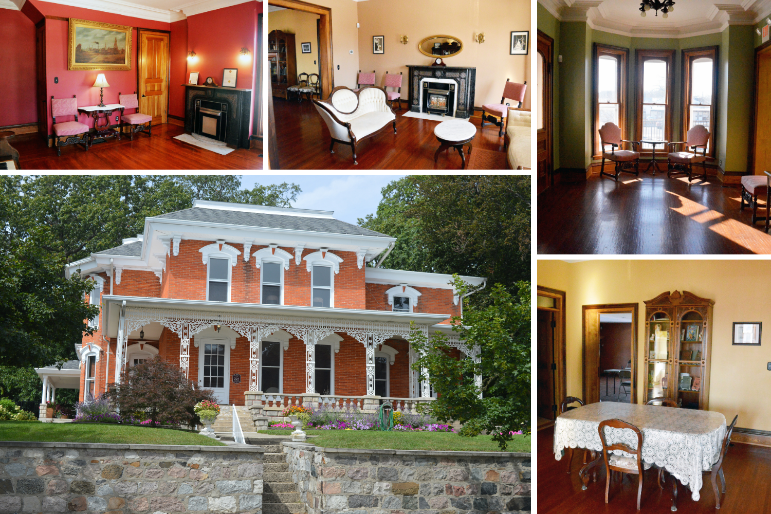 The Carter House rooms, including an opulent sitting room, wide-open foyer, and red room with a fireplace.
