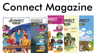 Colorful Connect Magazine covers featuring children's art.