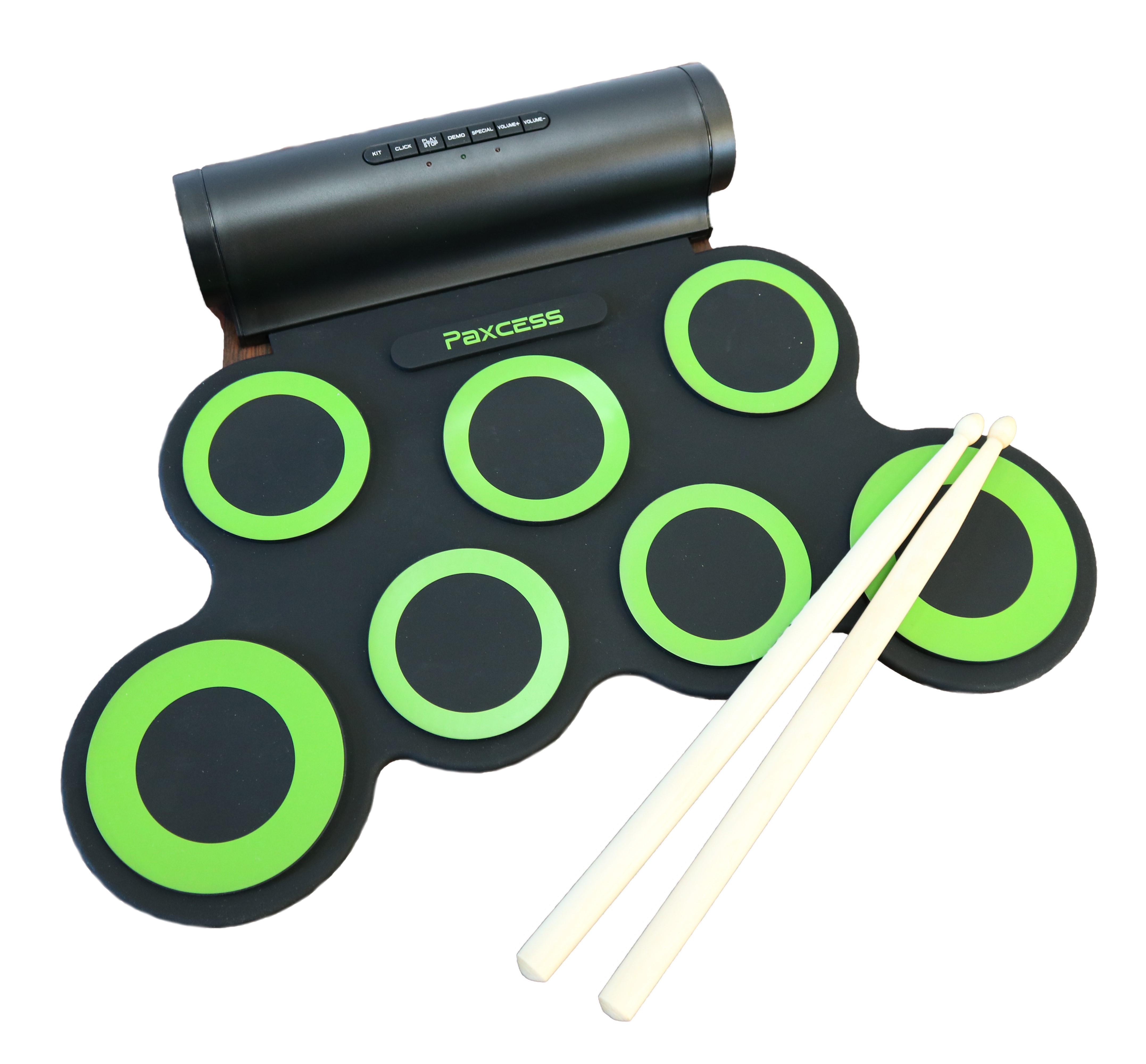 A green and black portable drum set with drum sticks