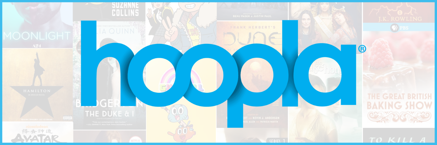 Comics, audiobooks, and eBooks overlayed with the blue hoopla logo