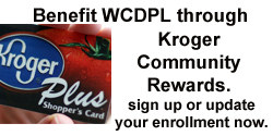 A Kroger Plus Card urging people to benefit the library using Kroger Community Rewards.