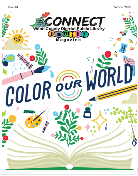 A book opened into various illustrations of pens and colors, with the title Color Our World.