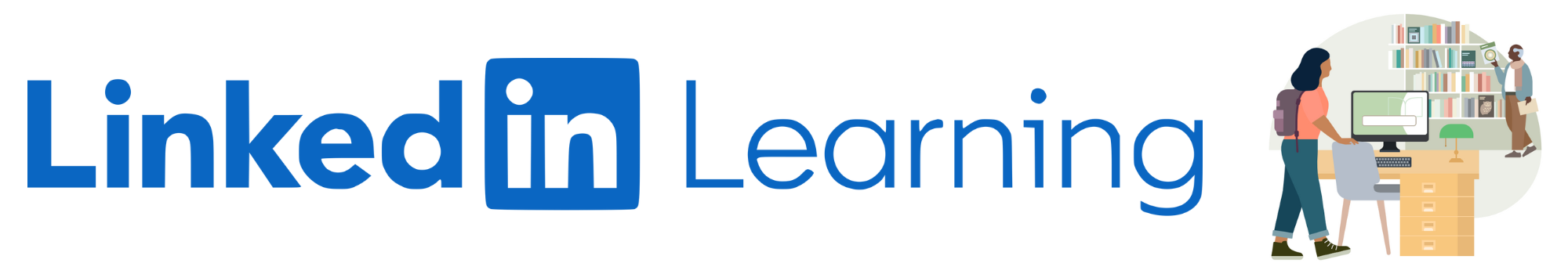 The blue LinkedIn Learning logo with a graphic of a woman at a desk.