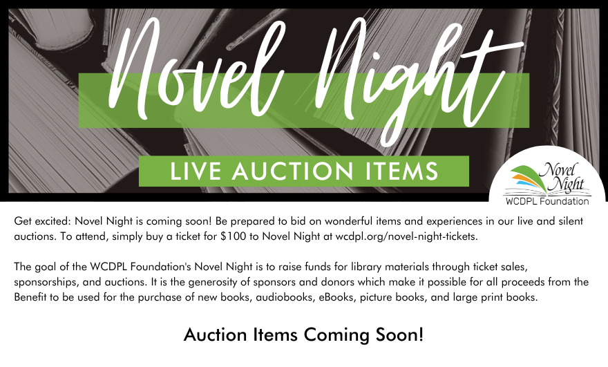 A background of book with the Novel Night logo, below a listing of "auction items coming soon."