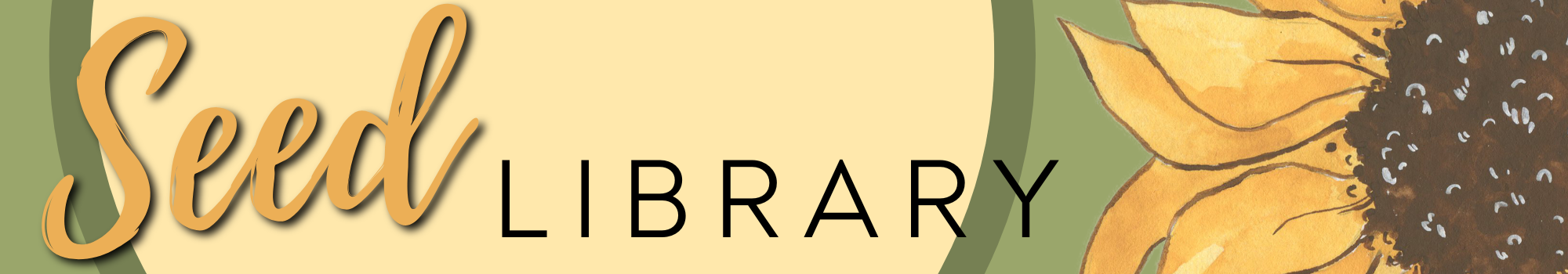 A sunflower with a gold and black Seed Library logo.