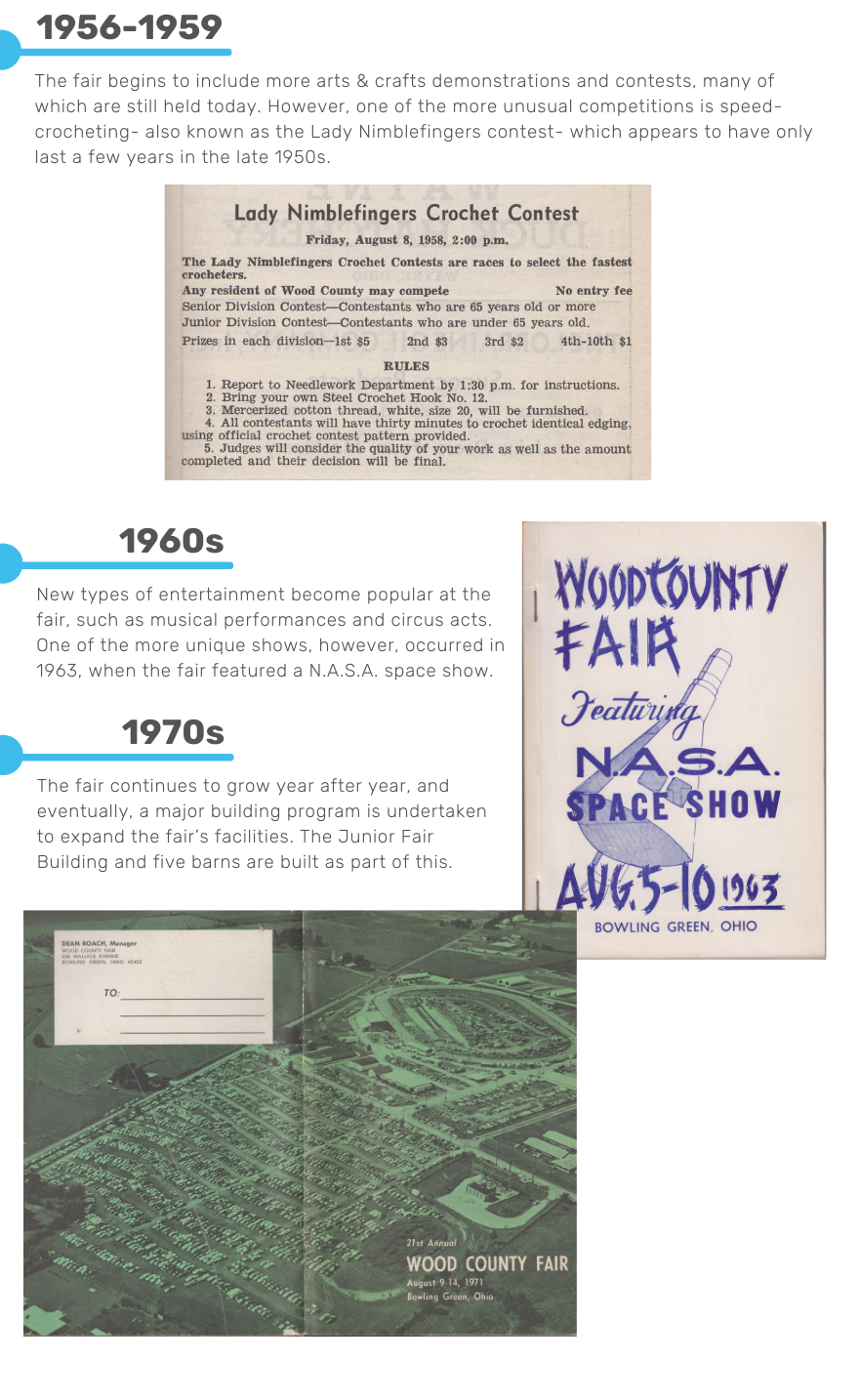 A timeline of events during the fair from 1950-1970