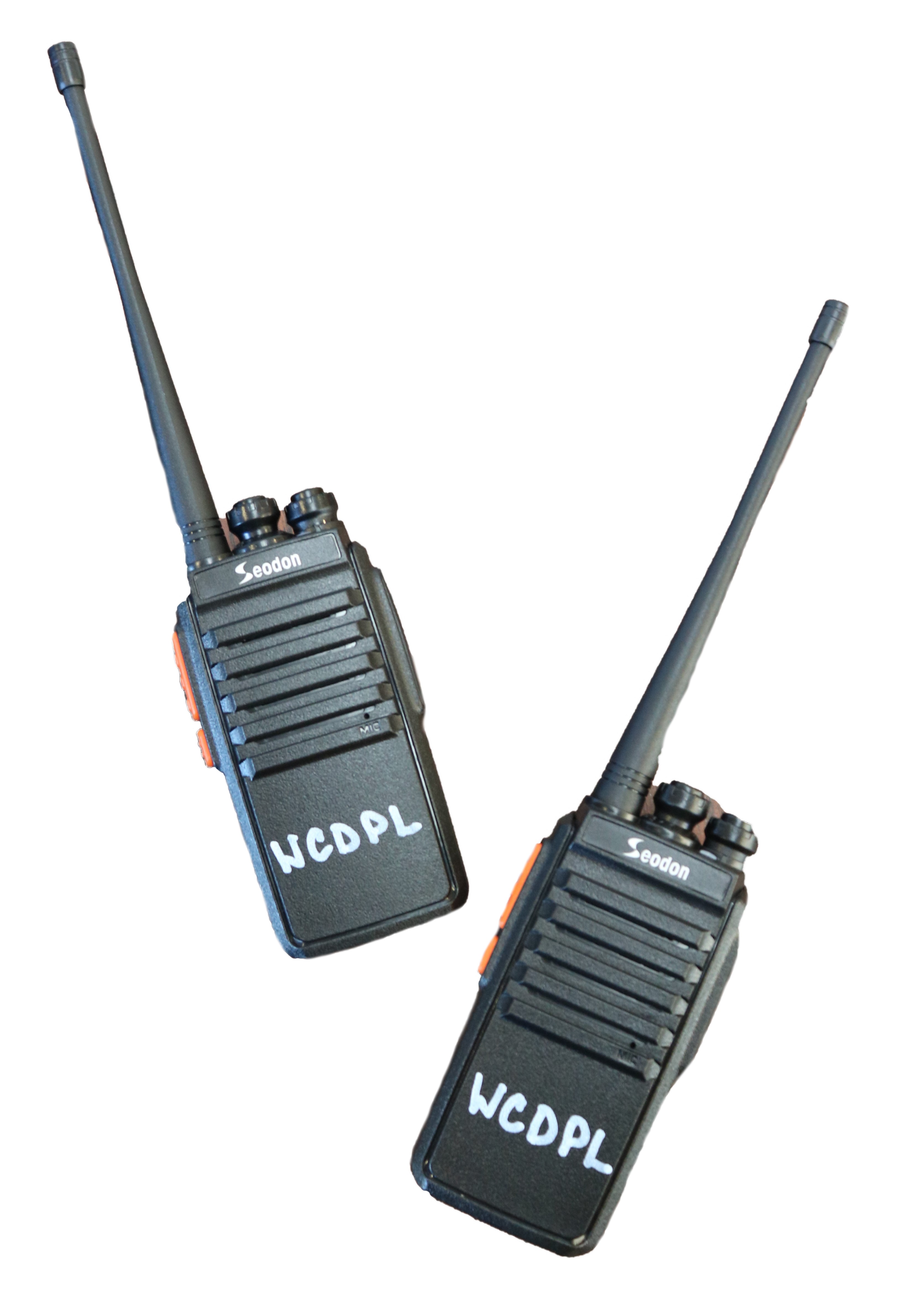 Two black walkie-talkie radios