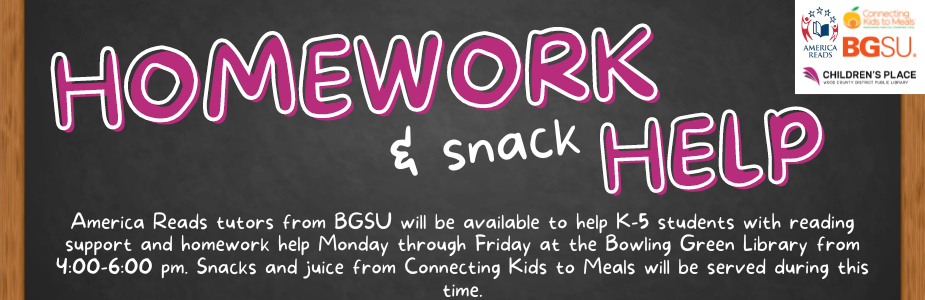 Homework Help is weekdays from 4:00 to 6:00 pm in the Children's Place.