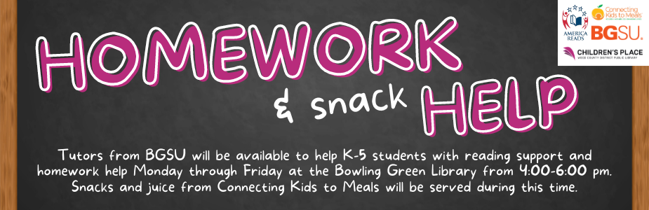 Homework Help is weekdays from 4:00 to 6:00 pm in the Children's Place.